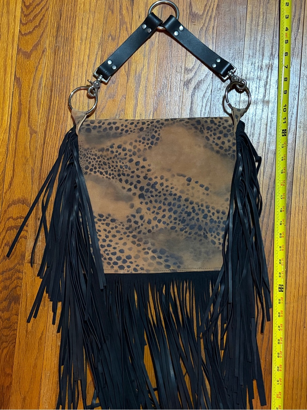 Fringe Leopard-Print Suede Crossbody Bag - Black and Brown